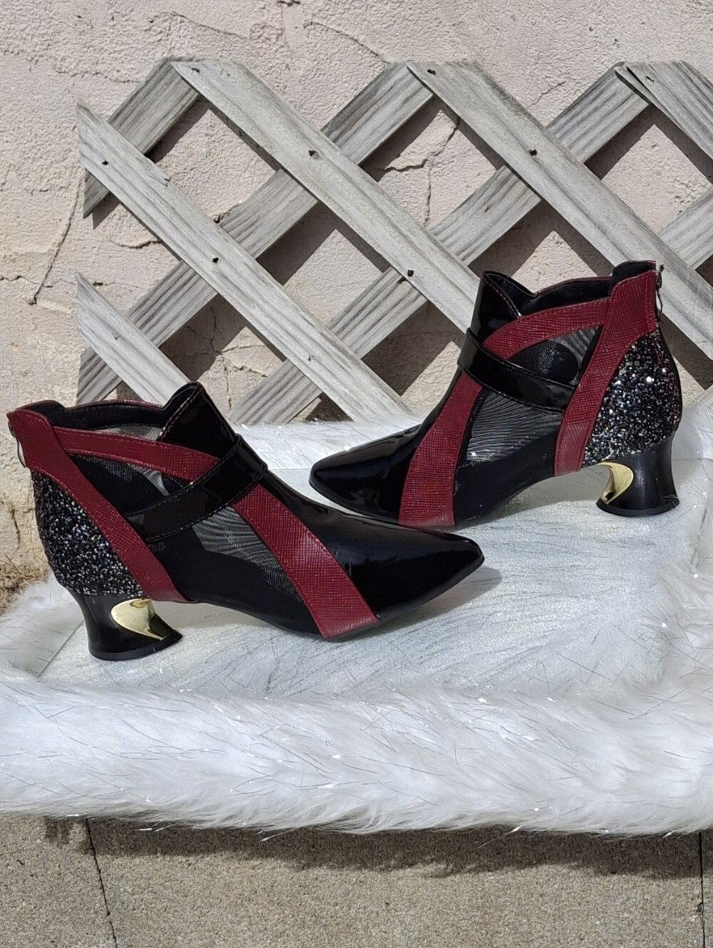 Women Black/Burgundy Mesh Ankle Booties Embellish Buckle Sculpted Heel Size 7.5 - Picture 10 of 16